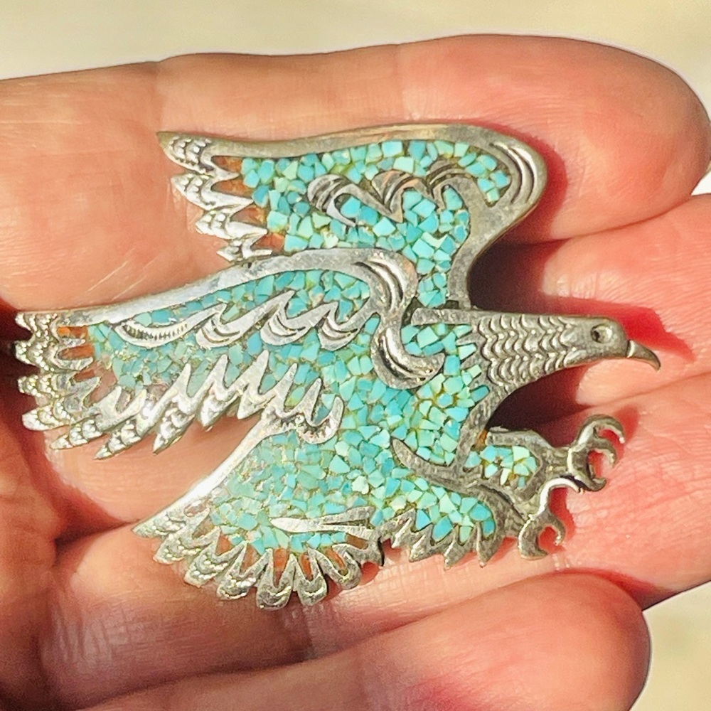 VTG NATIVE AMERICAN STERLING SILVER TURQUOISE CORAL MOSAIC
EAGLE BOLO
